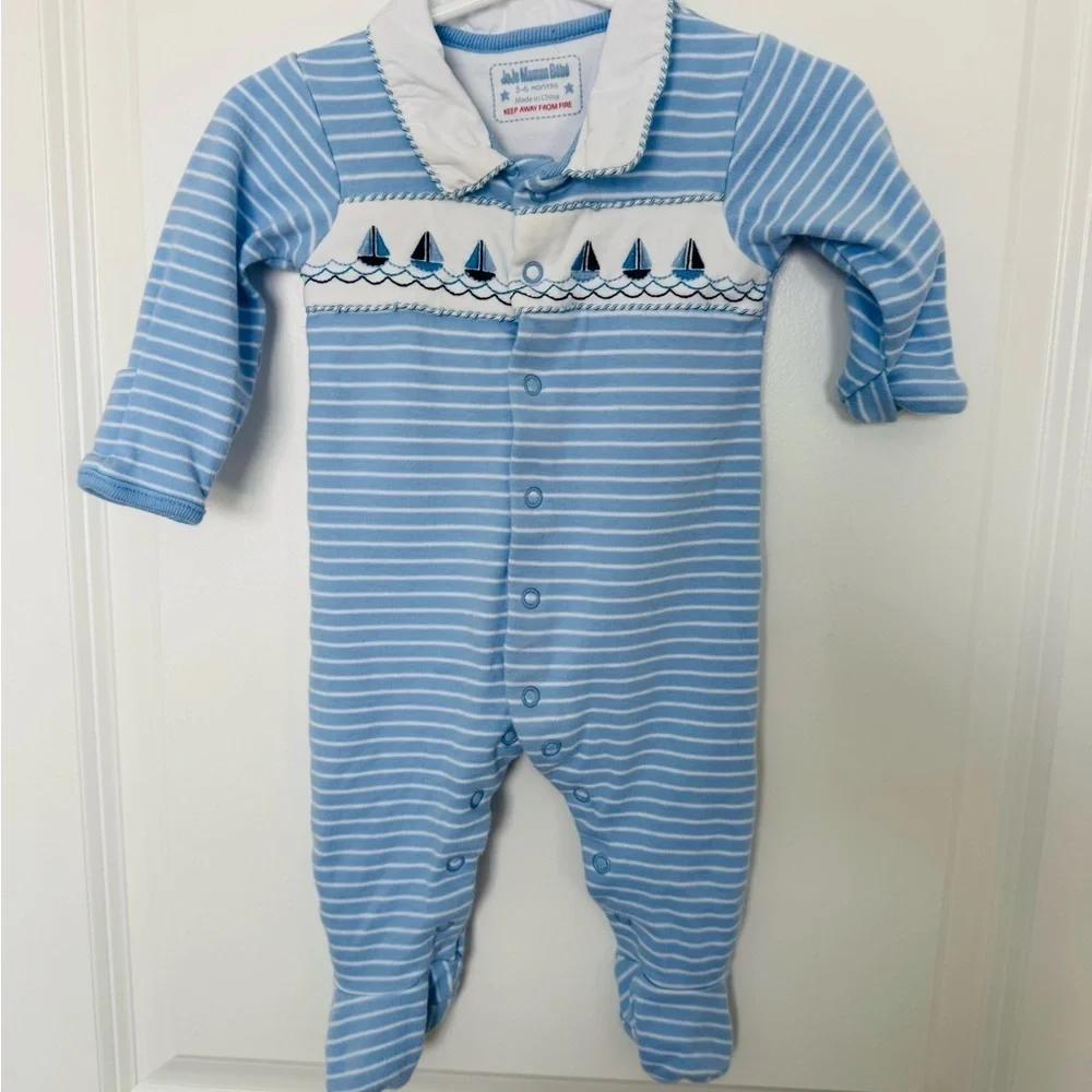 JoJo Maman Bebe Blue Boat Embroidered Sleepsuit 3-6M